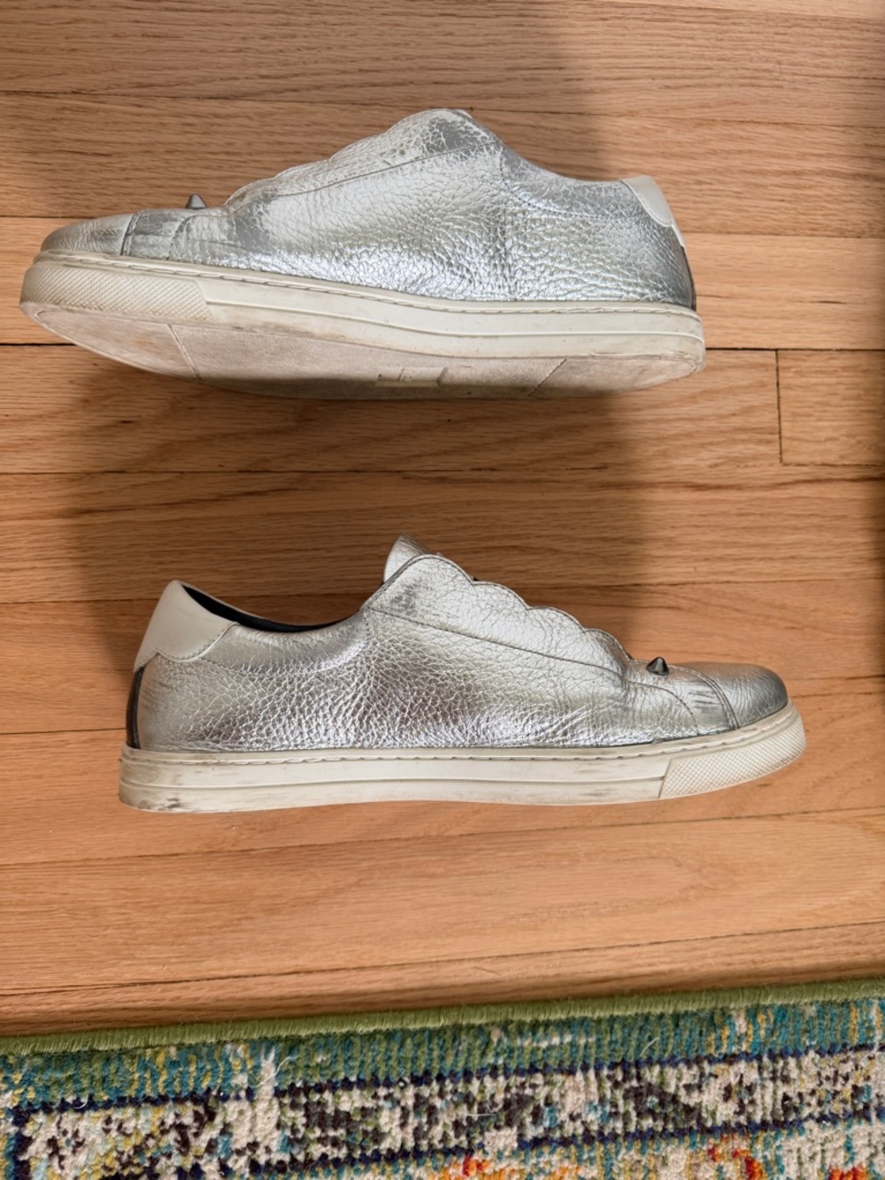 Fendi Metallic Silver Leather Slip-On Sneakers with Pink and Black Logo Sz 40 - Picture 3 of 8